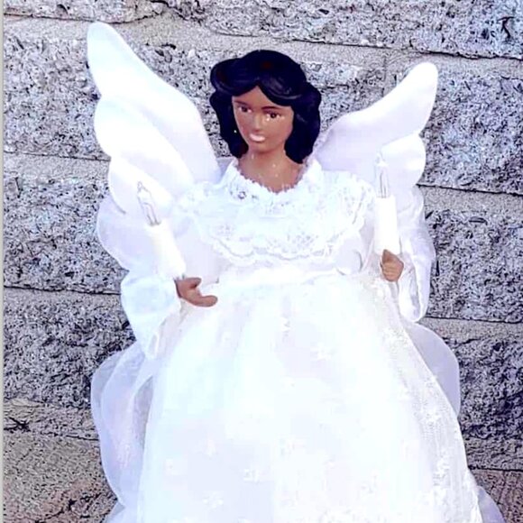 Christmas Black Angel Tree Topper With Candles & Lights White Gown Doll - Picture 2 of 5